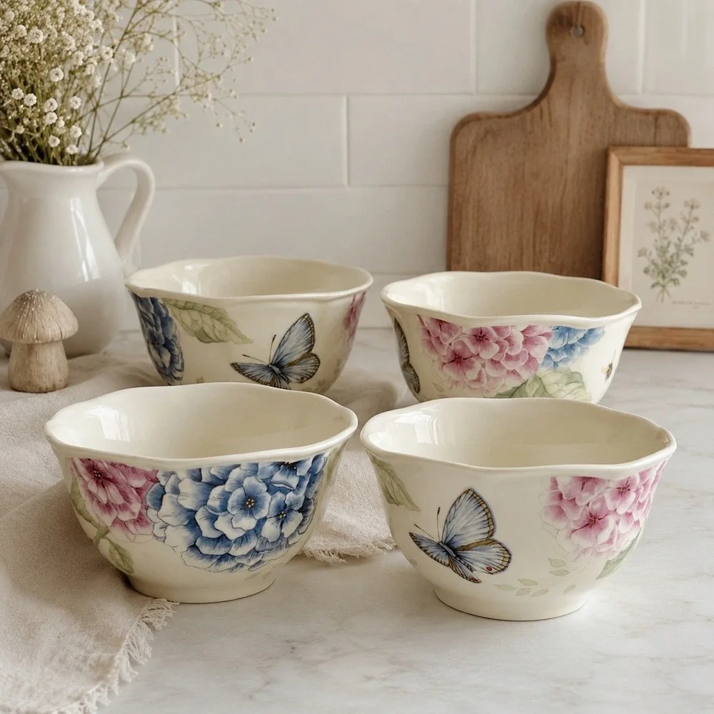 Set of 4 Lenox Butterfly Meadow‎ Hydrangea Bowls Porcelain Floral Butterfly 5.5